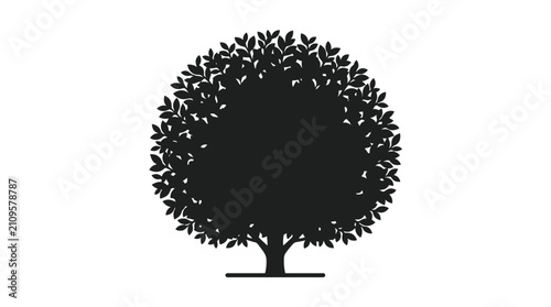 Obraz na plátně Deciduous tree silhouette displays a full, rounded canopy of dense foliage atop a sturdy trunk, rendered in solid black against a clean white background
