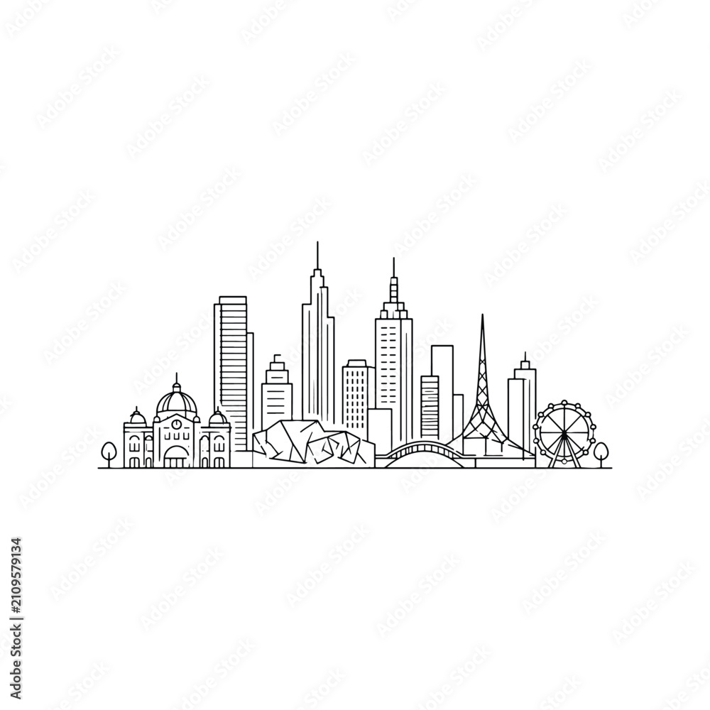 Naklejka premium Melbourne Skyline Urban Clean Line Art Icon