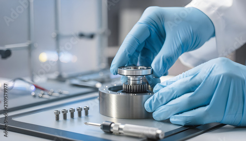 Engineer assembling precision mechanical parts in modern laboratory