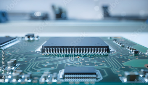 Macro View of Microchip Processor Mounted on Circuit Board