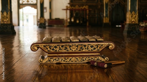 Ornate Indonesian Gamelan Music Instrument on Wooden Floor