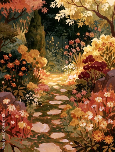 A vibrant watercolor illustration featuring elements--a pathway, an entryway, or a garden. Abundant blooms and foliage in warm, inviting colors. Color Palette In Rich fall colors: terracotta orange