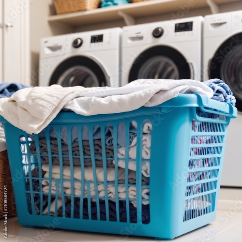 Basket full of clean or dirty clothes in public laundry interior
