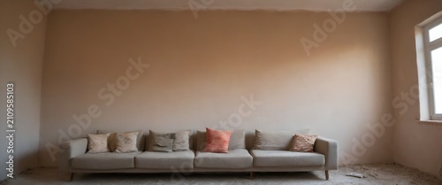 A bright living room featuring a sofa, messy floor and unfinished wall renovations. Natural light fills the space.