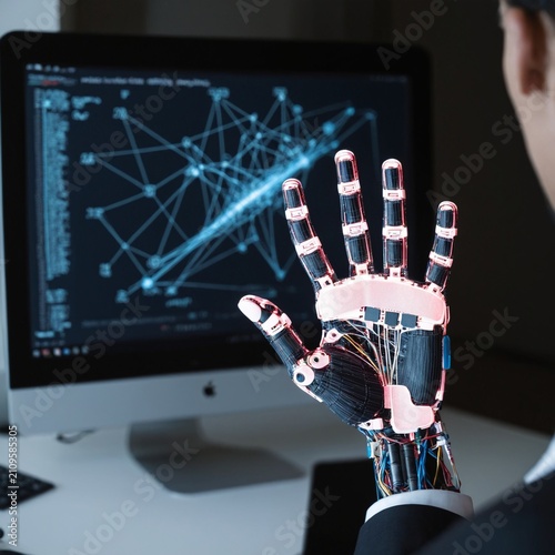 A robotic hand reaches toward a digital hand on a laptop keyboard in a dark environment, illustrating technology's evolution.