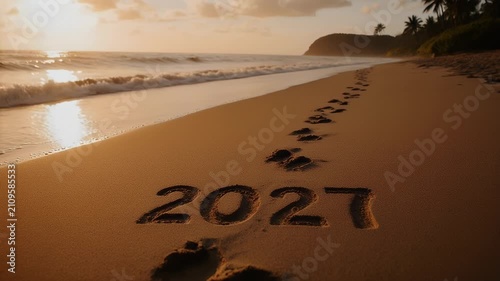 Future Vision 2027 Written in Beach Sand with Footprints Leading to Sunset Horizon