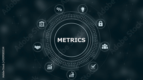 Circular digital interface with the word metrics in the center surrounded by business like a padlock lightbulb and handshake on dark background