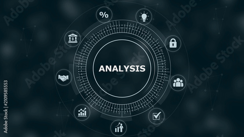 Circular digital interface with the word analysis in the center surrounded by business like a padlock lightbulb and handshake on dark background