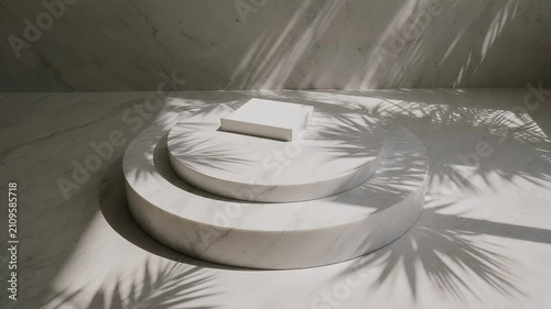 Marble podium showcase display with tropical leaf shadow for product presentation mockup background
