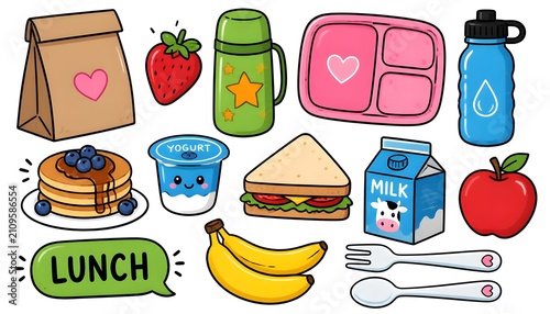 Cute school lunch box vector clipart set, simple flat cartoon style, isolated on white background.