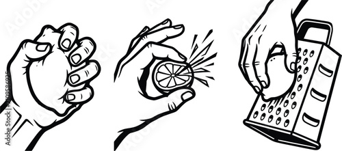 Fotografía Hands squeezing and grating citrus fruits a set of black and white vector illust