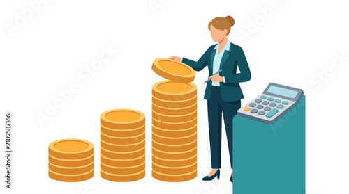 Professional female accountant stacking gold coins for financial growth and profit management flat design vector illustration.