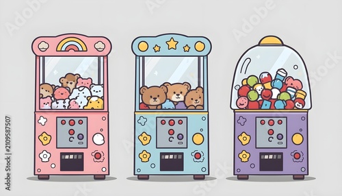 Kawaii arcade capsule machines vector set, cute plushies, pastel colors, flat design.