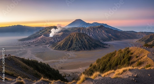 panoramic landscape of volcanic mountains at sunrise