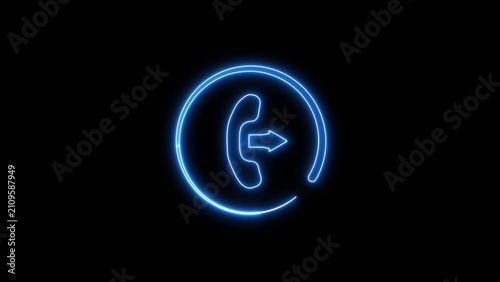 Glowing blue neon of an outgoing telephone call inside a circle, isolated on a solid black background