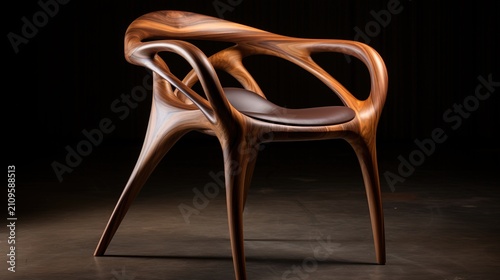 Modern wooden chair with organic shape. Luxury furniture piece for contemporary interior design.