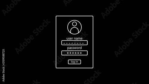 Minimalist white line login form interface with user username and password fields, and log in button on a solid black background