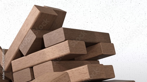 Foto Stacked wooden jenga puzzle blocks with scattered planks on white background hig