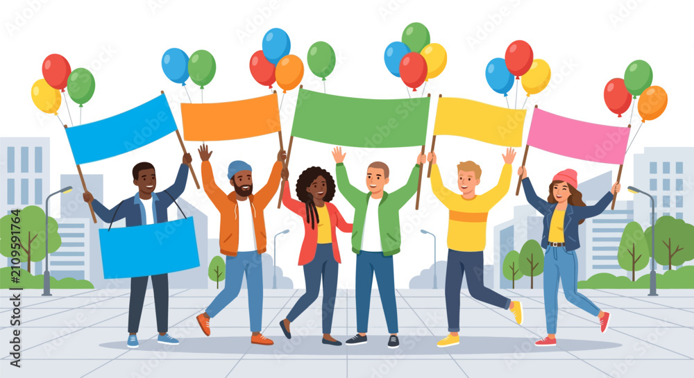 Fototapeta premium Diverse group of people holding colorful blank protest banners and balloons in urban square flat vector illustration.