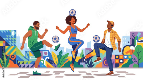 Diverse street performers juggling soccer balls with freestyle skills against a vibrant urban city background flat vector illustration.
