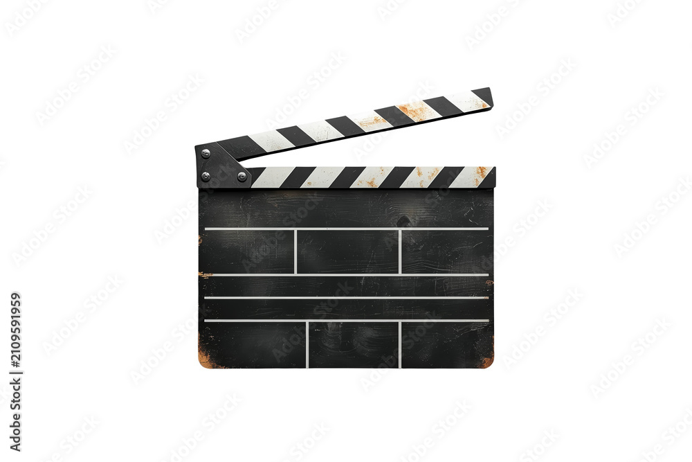 Fototapeta premium Vintage movie clapperboard filming cinema production, film slate symbol of entertainment industry, transparent background