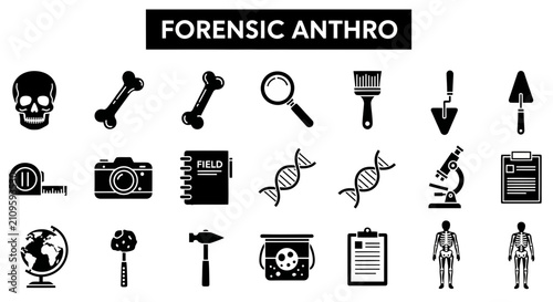 Fotografia Collection of forensic anthropology icons featuring tools, human remains symbols, and scientific equipment for investigation and analysis