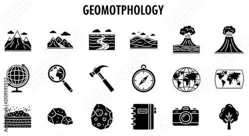 Schilderij op canvas A collection of black and white icons representing various geomorphology concepts, including mountains, rivers, volcanoes, globes, and geological tools