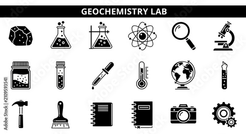 Foto A collection of black and white icons representing various tools and concepts found in a geochemistry laboratory, including scientific equipment, geological samples, and general lab items