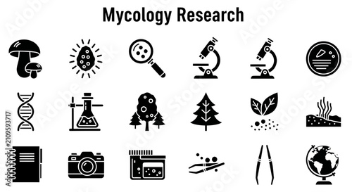 Cuadro en lienzo A collection of black and white icons representing various aspects of mycology research, including mushrooms, microscopes, lab equipment, DNA, plants, and tools