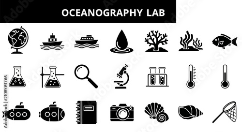 Foto A comprehensive set of black and white icons representing various tools, equipment, and elements found in an oceanography lab or marine science research