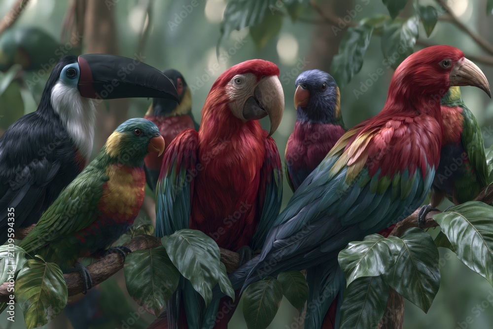 Obraz premium A vibrant flock of exotic parrots and a toucan perched together on a lush jungle branch, showcasing colorful plumage and tropical foliage.