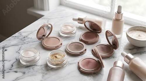 Collection of various pink makeup compacts and skincare products on a light marble surface. easy eyeshadow looks