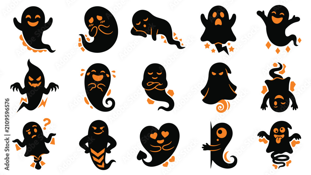 Obraz premium Cute Halloween ghost silhouettes set, black and orange spooky cartoon spirits vector, collection of 15 funny ghost characters for holiday design