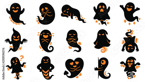 Fotografie Cute Halloween ghost silhouettes set, black and orange spooky cartoon spirits ve