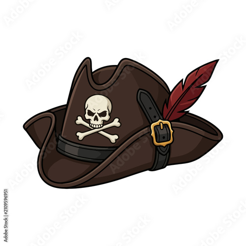 A whimsical cartoon illustration of a classic pirate hat adorned with a skull and crossbones emblem and a feather, evoking adventure and a swashbuckling spirit