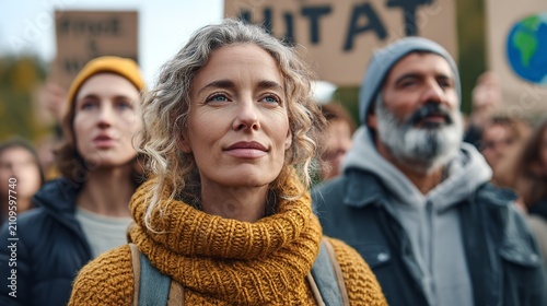 Determined woman leads crowd in protest for environmental change