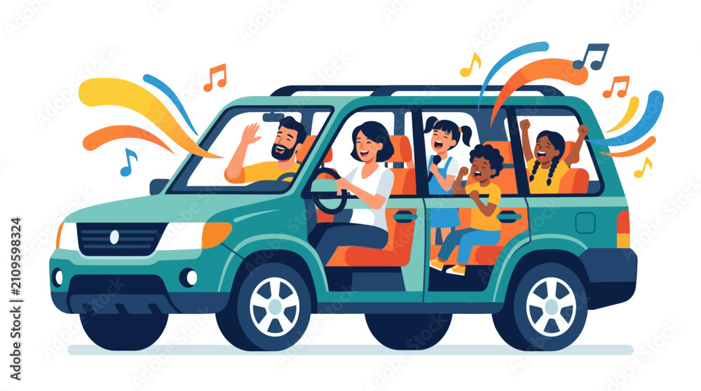 Naklejka premium Happy diverse family of five singing and enjoying a road trip inside a green SUV on summer vacation flat design vector illustration.