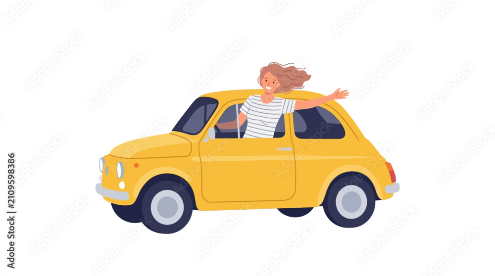 Fototapeta premium Happy young woman leaning out of yellow car window and waving during road trip summer vacation flat vector illustration.