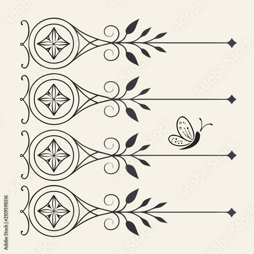 Quadro su tela Set of four elegant vertical dividers with circular geometric motifs and butterfly illustrations for sophisticated document framing and professional layout decoration