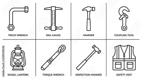 Line art icons of railway and construction tools essential for industrial engines