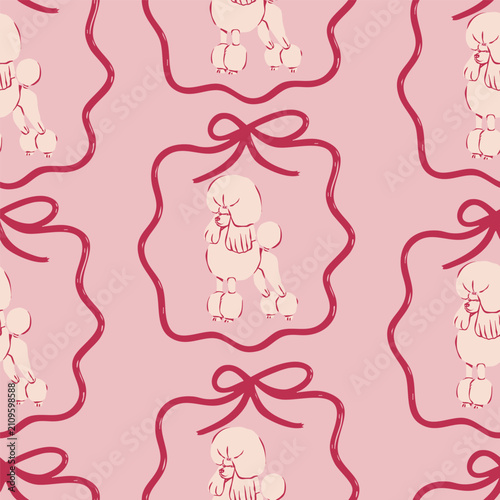 Poodle dog in ribbon frame. Pink background. Hand drawn trendy Vector illustration. Square seamless Pattern, wallpaper. Repeating cute domestic animal portraits 