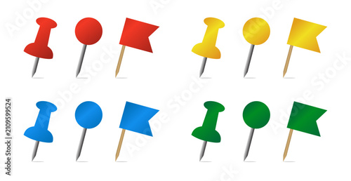 Map pin and pushpin icon illustrations with shadows, usable on maps