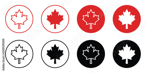 Canada maple leaf icon set featuring red, white, and black variations of the canadian flag symbol. National maple leaf emblem collection for patriotic, government, travel, identity, branding, and vect