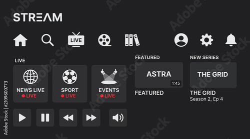 Modern digital video streaming interface with menu icons and content navigation on dark background.