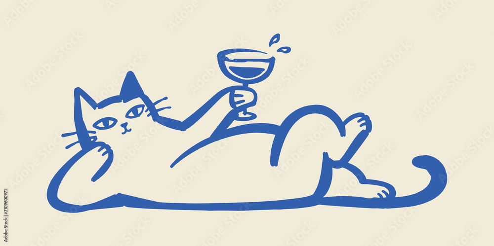 Obraz premium Cat with Wine Glass Naive Hand Drawn Vector Illustration