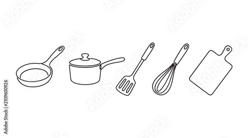 Minimalist kitchen utensils line art icons, set of 5 cooking tools vector illustrations, black and white culinary equipment for recipe design
