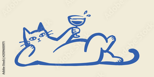 Obraz na płótnie Cat with Wine Glass Naive Hand Drawn Vector Illustration