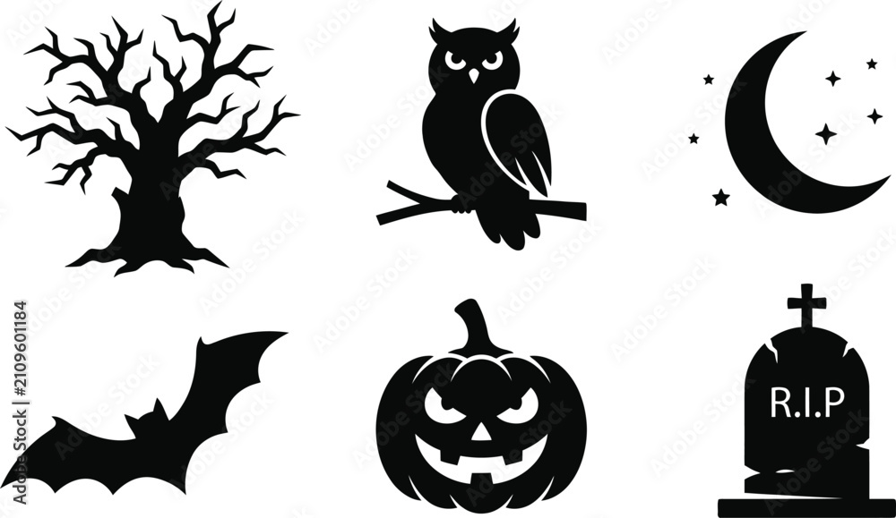Fototapeta premium Set of black silhouette icons for a spooky halloween celebration