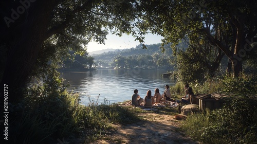 Joyful family enjoys a peaceful picnic by a serene lakeside on a sunny summer day.
