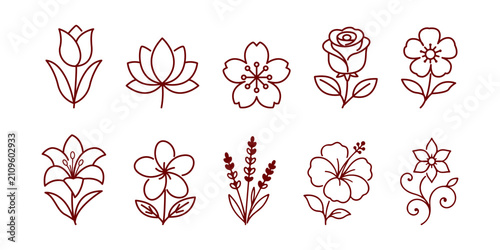 Elegant floral outline icon collection featuring tulips, roses, lotus, hibiscus, and botanical flowers. Modern minimalist vector set isolated on white background.
